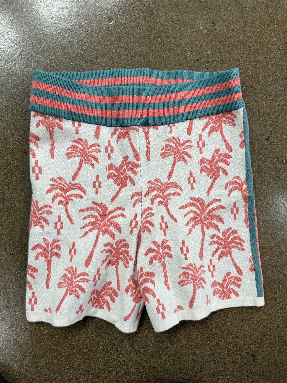 The Upside Coral Palm Knit High-Waist Shorts with Teal Waistband